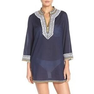 Tory Burch Fringe Cover Up Tunic Black Sheer Embroidered Long Sleeve Boho Size 0